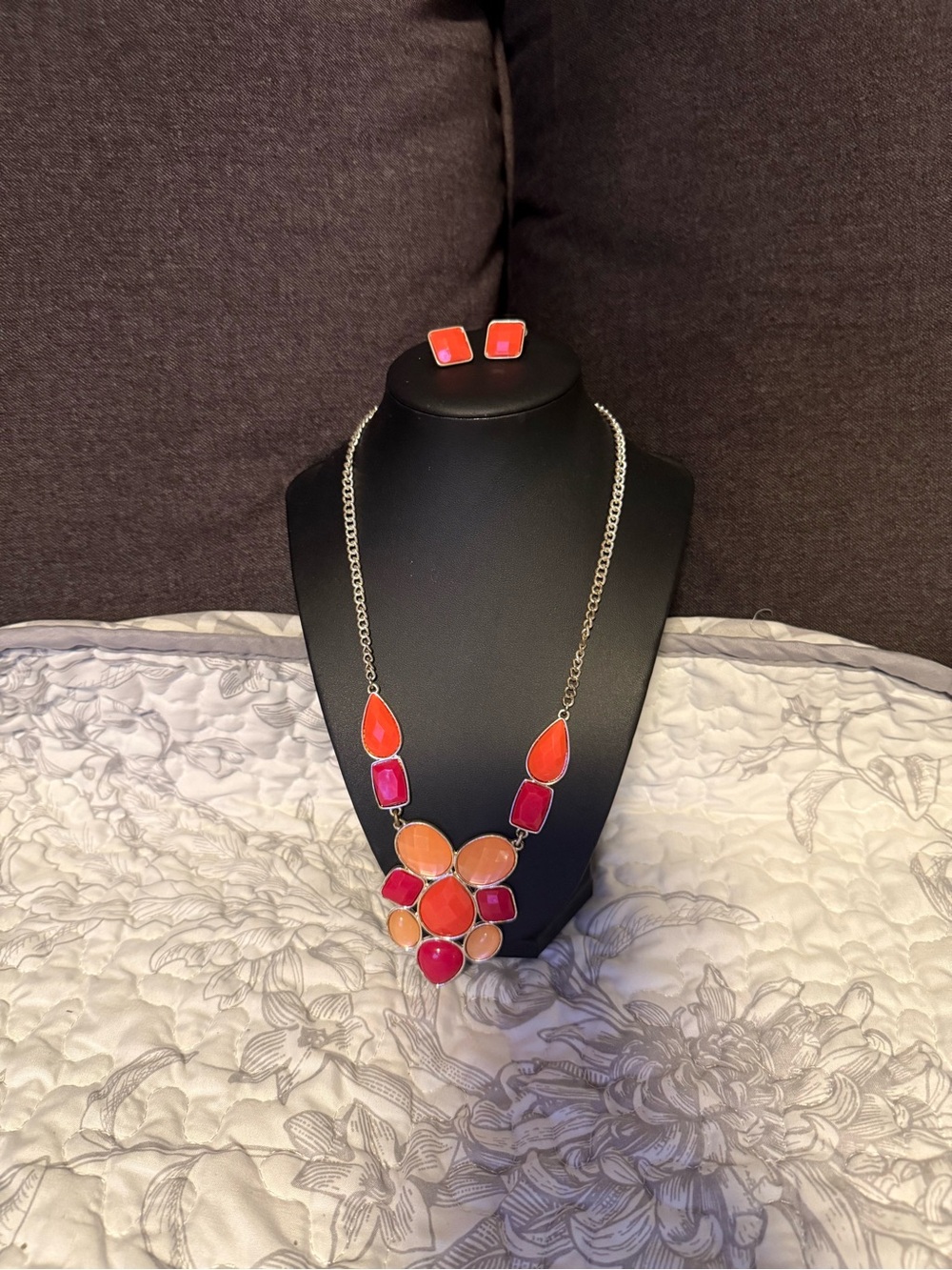 Colorful Statement Necklace and Earring Set - Coral and Pink